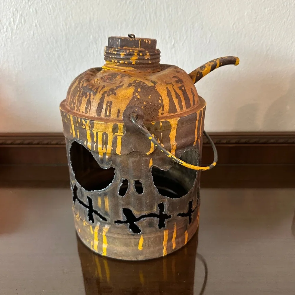 Vintage Industrial Oil Can Jack O Lantern Skull Metal Halloween Decor Rust 10in